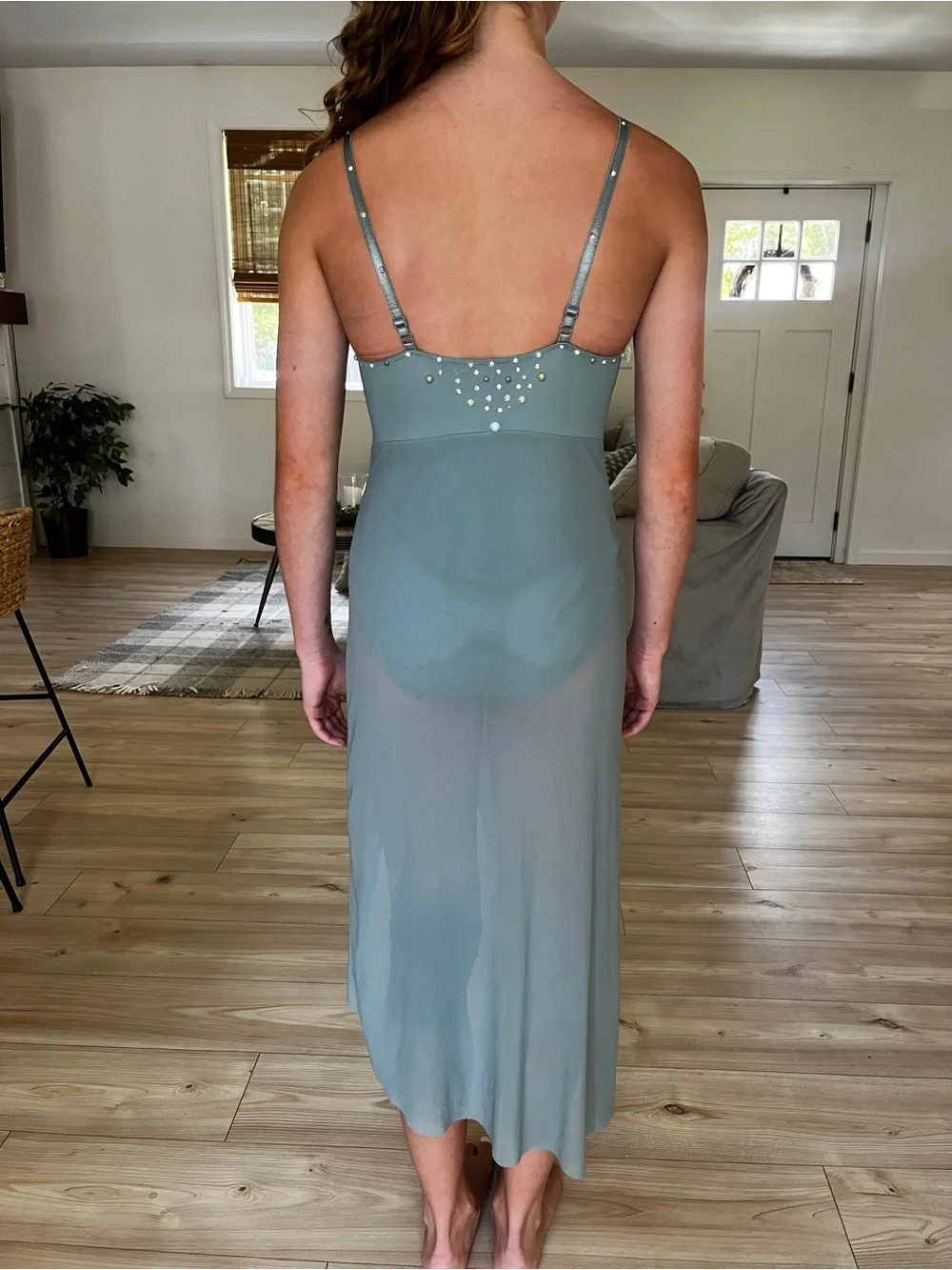 Elegant Sage Green Embellished Spaghetti lyrical costume with attached skirt